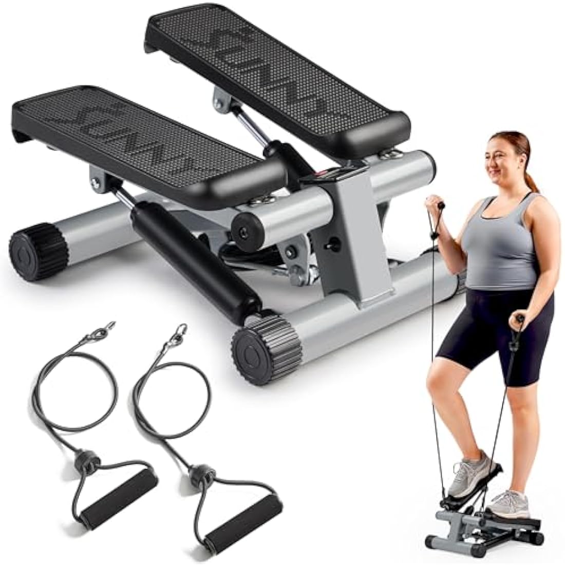 Sunny Health & Fitness Mini Stepper for Exercise at Home, Stair Step Workout Machine with Resistance Band and Over 135KG Weight Capacity, Optional Twist Motion and Free SunnyFit App Connection