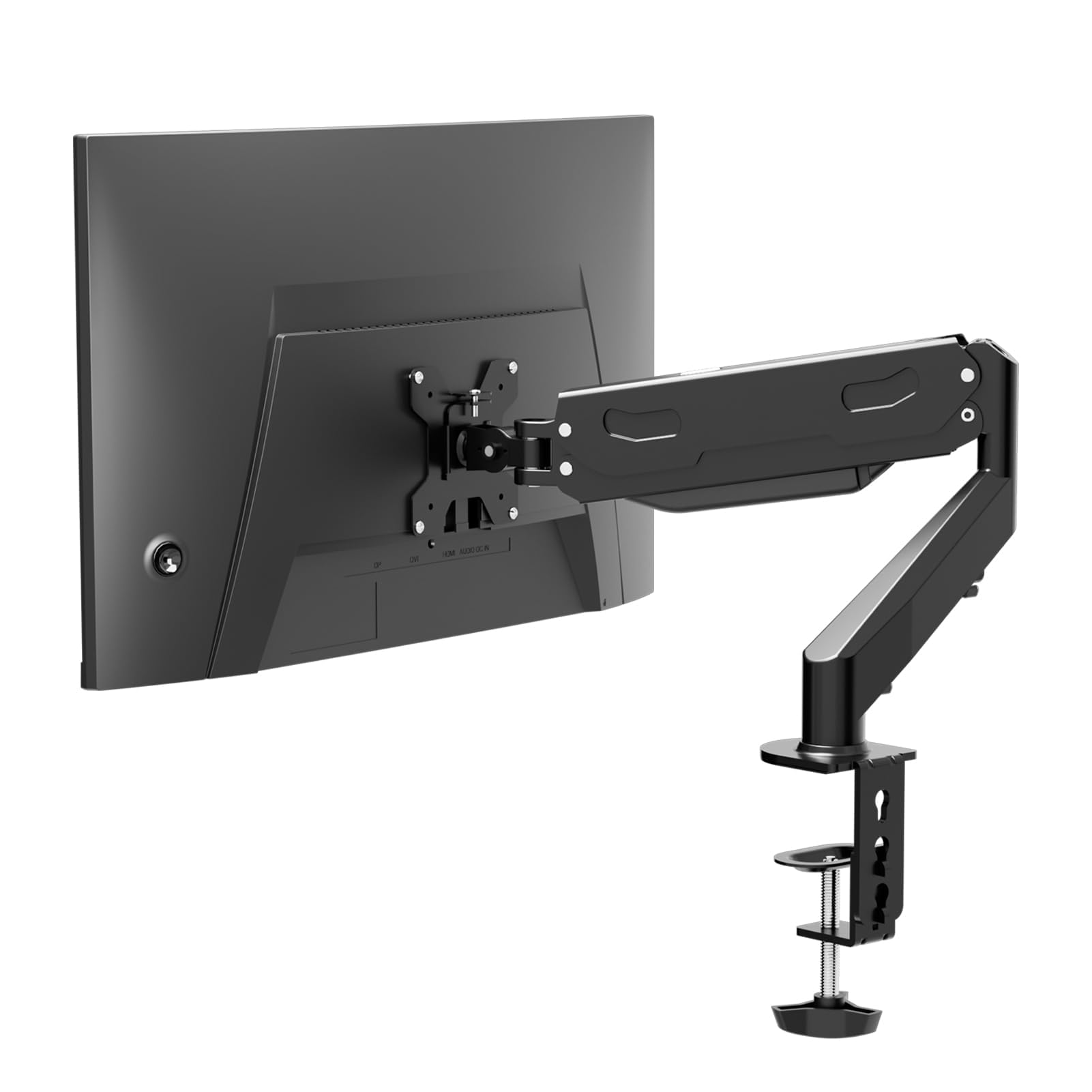 Pholiten Single Monitor Arm Gas Spring for Most 13-30 inch Screens, Single Monitor Arm Desk Mount Gas Lift with Tilt Swivel Rotation, C-clamp/Grommet