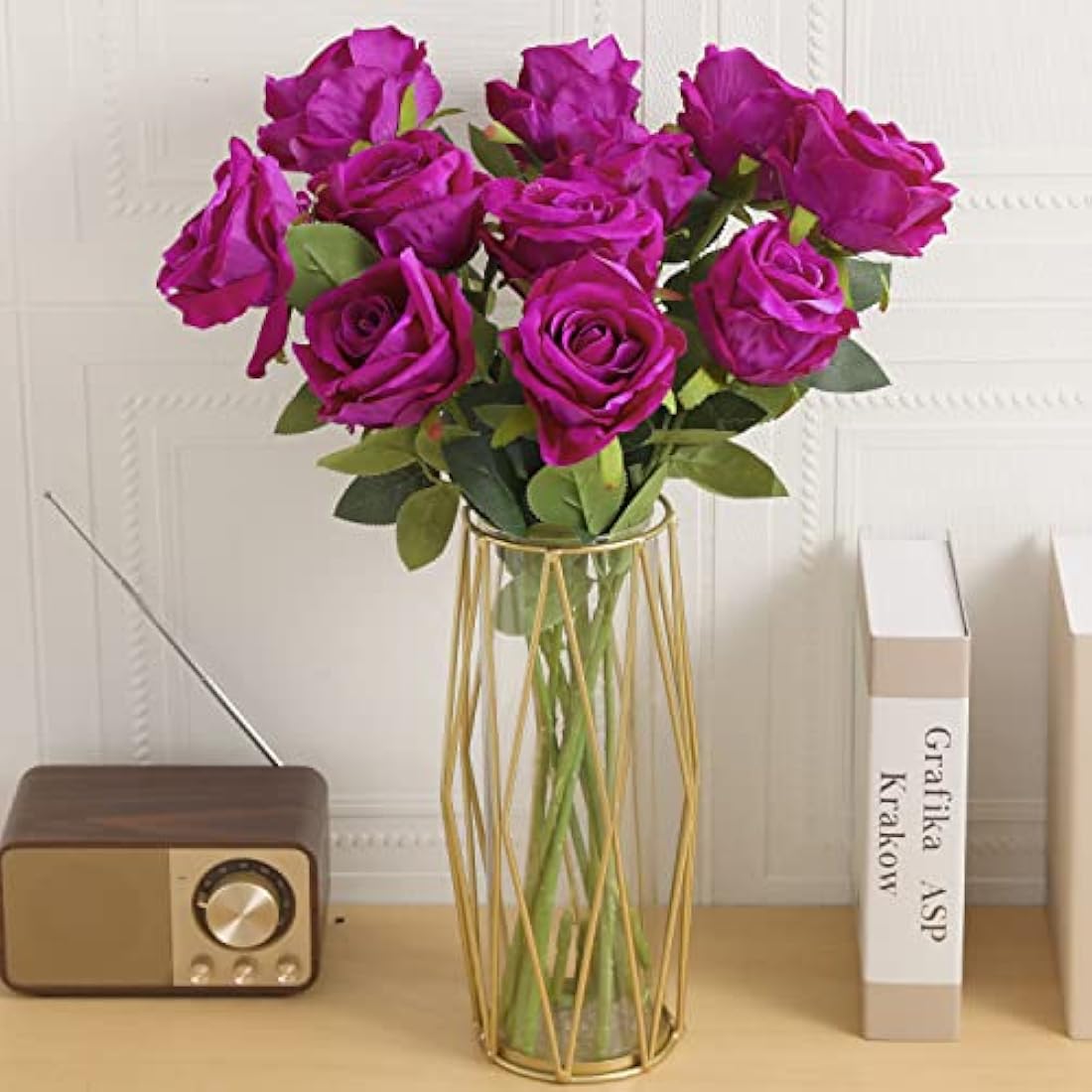 Cloudecor 15Pcs Fake Roses Velet Rose Long Stem Artificial Flowers Silk Flowers for Home Wedding Decoration (Round Roses，Purple)