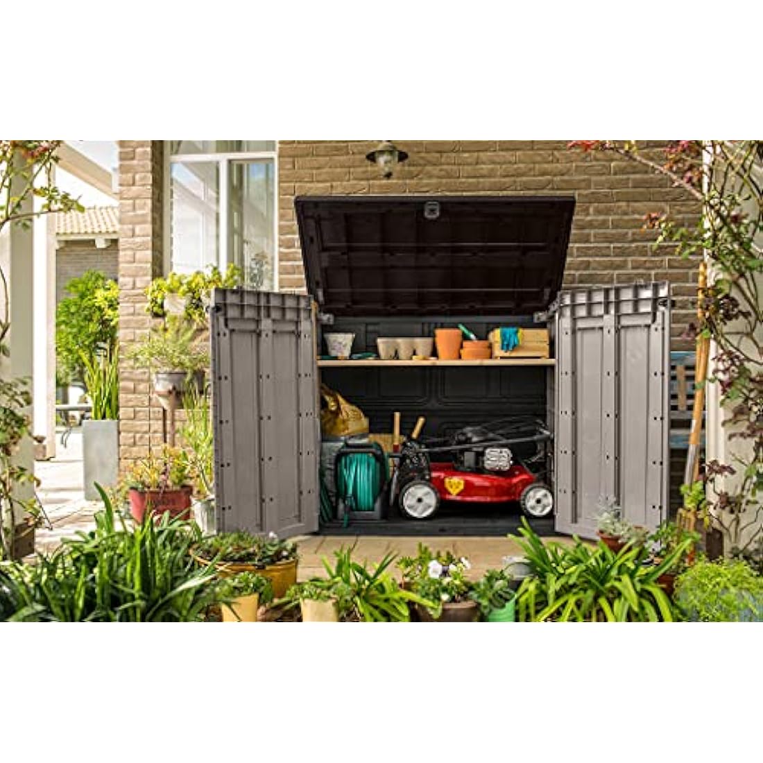 Keter Store It Out Pro Outdoor Garden Furniture Storage Shed Beige with Brown Lid Fade Free All Weather Resistant Safe and Secure Zero Maintenance 5 year Warranty
