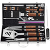 ROMANTICIST 26pcs Extra Thick Stainless Steel Grill Tool Set for Men, Heavy Duty Grilling Accessory Kit for Backyard, BBQ Utensils Gift Set with Meat Thermometer in Aluminum Case for Birthday Brown