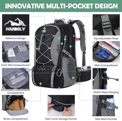 NUBILY Hiking Backpack 50L Waterproof Camping Backpack with Large Shoes Compartment and Wet Pocket Rucksack for Men Women Camping Backpack Lightweight Travel Backpack for Outdoor Sports
