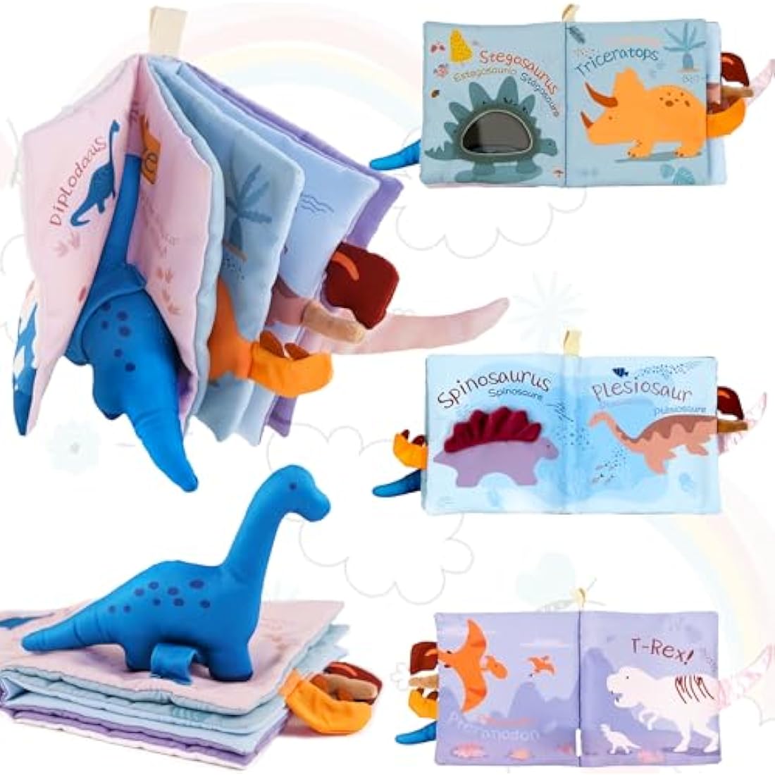 Richgv Soft Baby Books Toys 0-6-12 Months, Sensory Toy for Babies with Mirror, Crinkle Paper, Maze & Little Dinosaur, Early Development Travel Toy, Stroller Hanging Toy, Newborn Baby Toy Gift