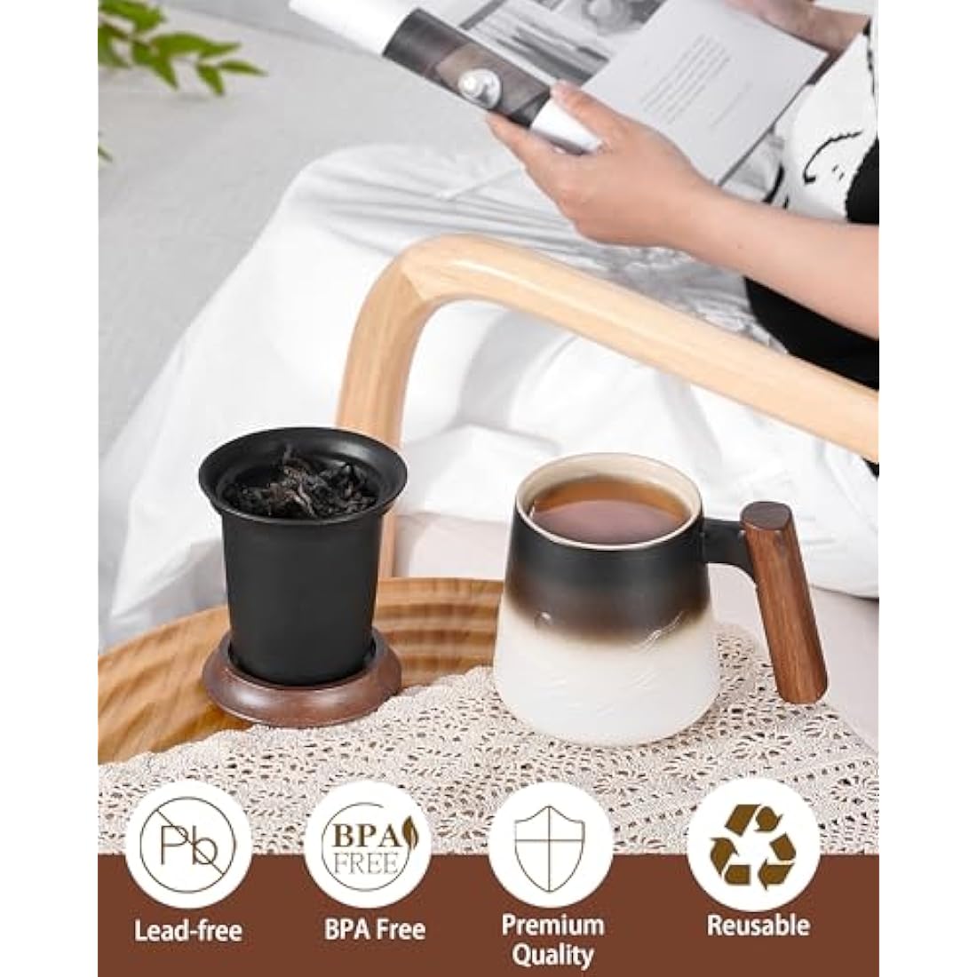 ZENS Tea Mug with Infuser and lid for Loose Tea, 430 ML Embossed Ceramic Tea Cup with Strainers for for Hot Tea Diffusers, Wood Handle Loose Leaf Tea Mug Tea Accessories for Tea Lovers Gifts