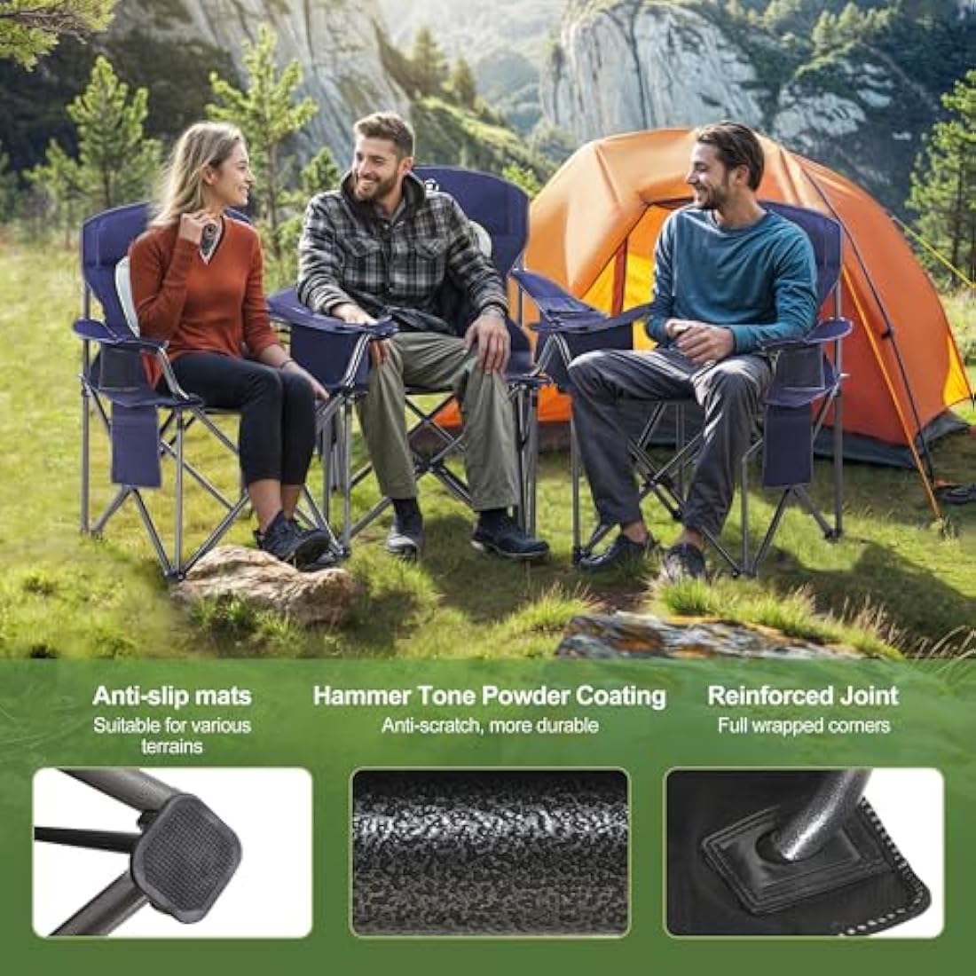 LET'S CAMP Folding Camping Chair Oversized Outdoor Chair with Drink Holders Cooler Bag, Support 200kg