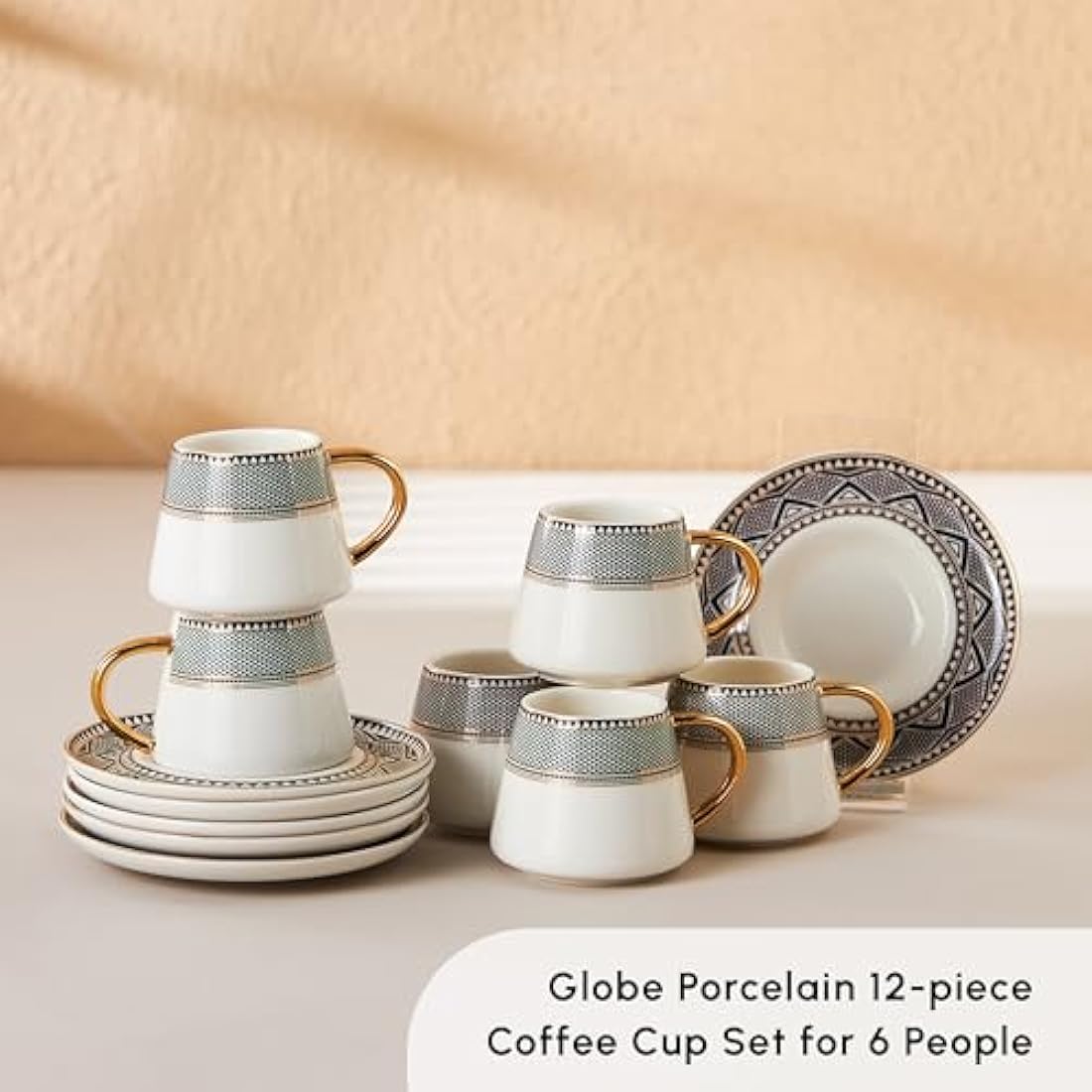 KARACA Globe Turkish Coffee Cup Set for 6 People, Small Porcelain Espresso Cups Set, 12 Piece Coffee Cups with Saucers, Ideal for Serving Arabic Coffee, Greek Coffee (80ml)