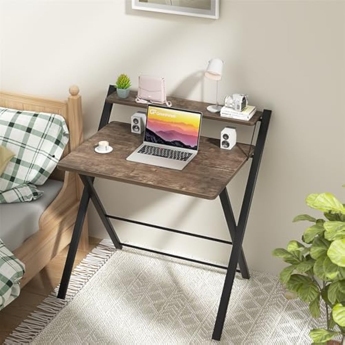 GreenForest Foldable Desk No Assembly Required,Small Desk with Monitor Shelf,Computer Desk for Small Space,Brown