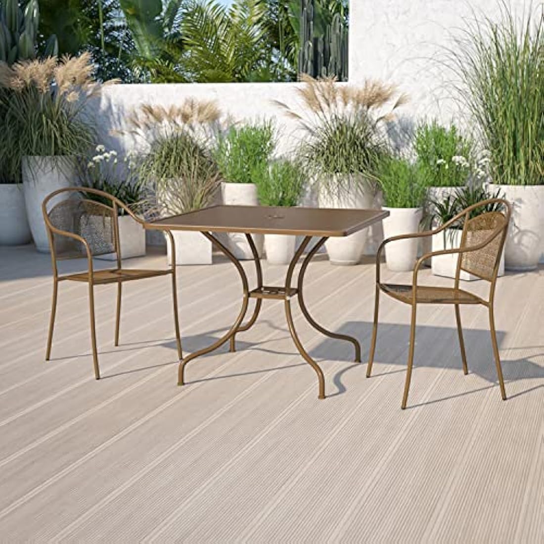 Flash Furniture Oia Commercial Grade 35.5" Square Gold Indoor-Outdoor Steel Patio Table with Umbrella Hole