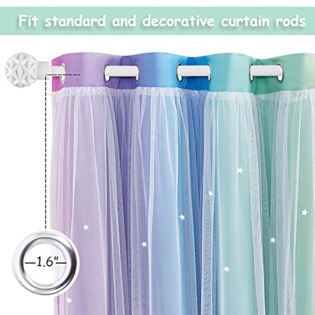 NICETOWN Kids Blackout Curtains - Stars Cut Out Thermal Curtains for Nursery Girls Boys Bedroom Living Room Rainbow Drapes with Eyelet, 2 Panels W52 x L84 Inch (132x213 cm), Purple Blue Green Yellow