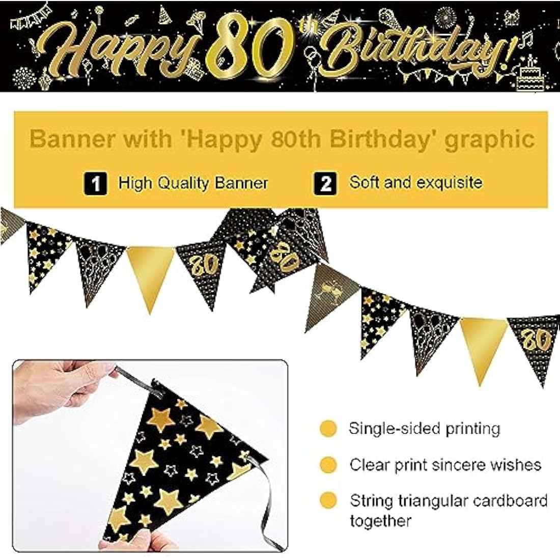 14 Pieces 80th Happy Birthday Decorations Kit, Birthday Party Decoration Including Party Supplies Birthday Straps 9ft Banner Triangle Flags Confetti Latex Balloons