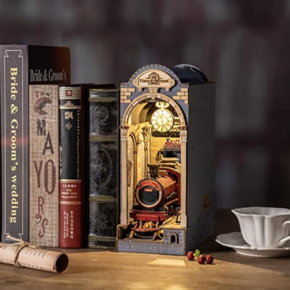 ROBOTIME Wooden Book Nook Dollhouse Kit, DIY Wall Hanging Miniature Room, Puzzle House Model Building Kits with LED Lights, Home, Bookshelf Decor (Time Travel)