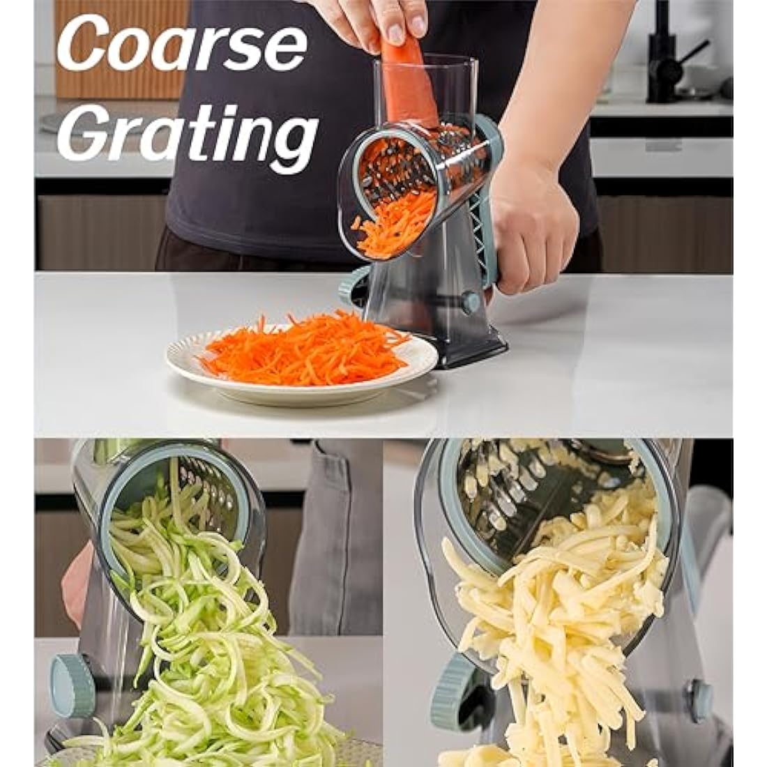 LacusMare Rotary Cheese Grater with 3 Blades for Slicing, Coarse Grating & Fine Shredding, Graters for Kitchen with Stable Suction Base, Vegetable Slicer for Cucumber, Carrot, Potato, Nuts (Gray)
