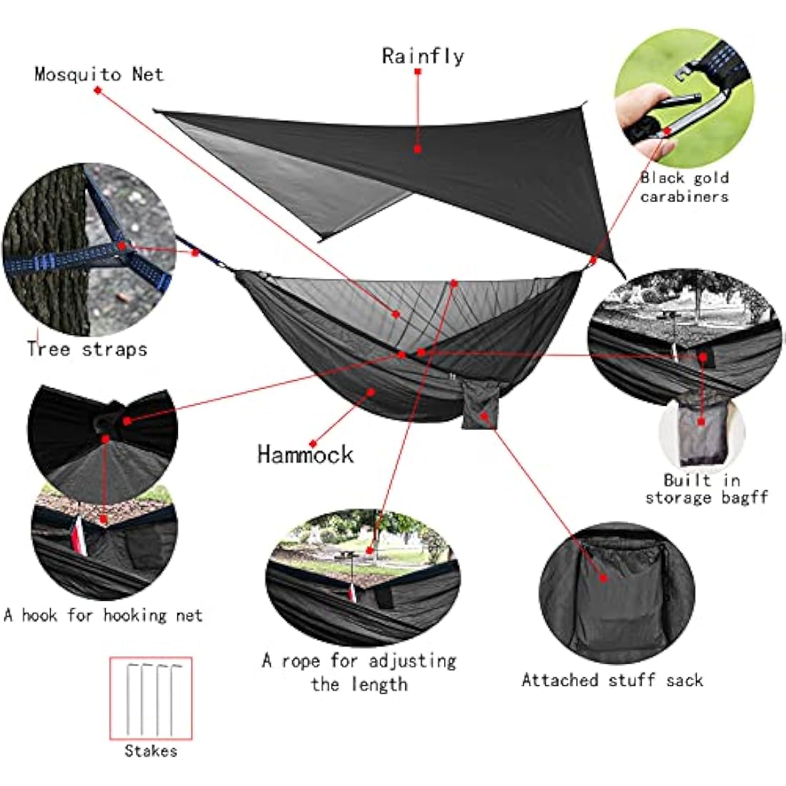 Camping Hammock Set, Single Double Hammock, Mosquito Net, Insect Net, Rainfly, High Strength Parachute Cloth Hammock. Suitable for outdoor, hiking, camping, travel