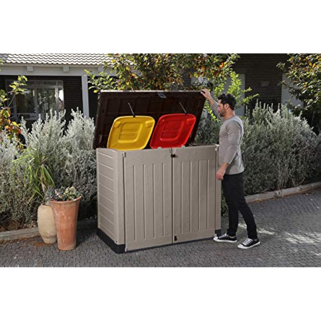 Keter Store It Out Pro Outdoor Garden Furniture Storage Shed Beige with Brown Lid Fade Free All Weather Resistant Safe and Secure Zero Maintenance 5 year Warranty