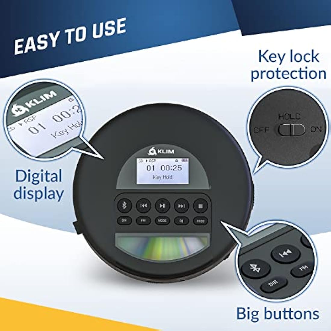 KLIM Nomad - Portable CD Player with Long-Lasting Battery - with Headphones - Radio FM - Compatible MP3 CD Player Portable - TF Card Radio FM Bluetooth - Ideal for Cars - Black