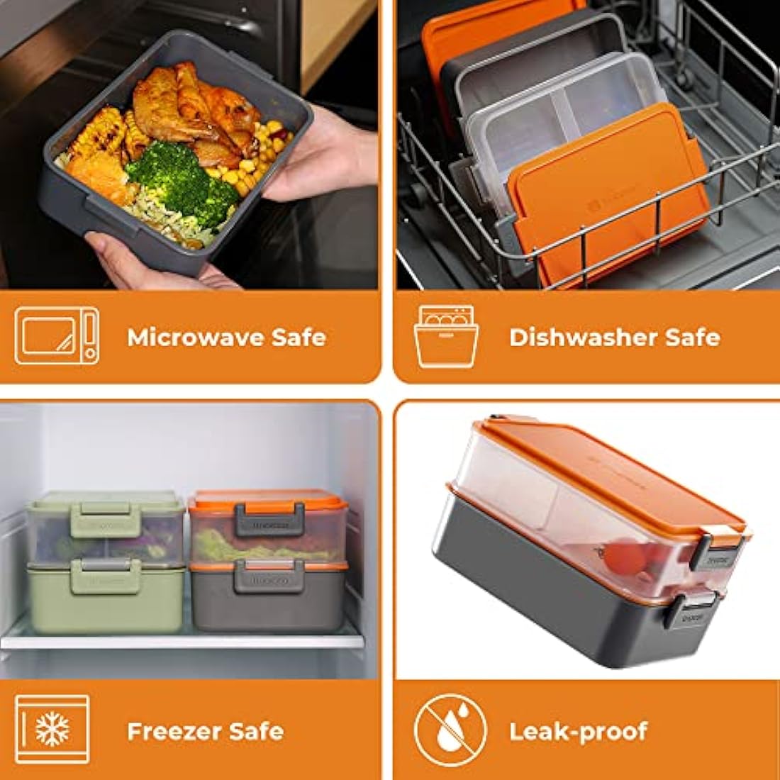 linoroso Bento Lunch Box for Adults with 3 Compartments Lunchbox with Sauce Container and Utensils, Bento Boxes for Microwave and Dishwasher Plastic BPA-Free As Sandwich Snack Salad Box - Lava Orange
