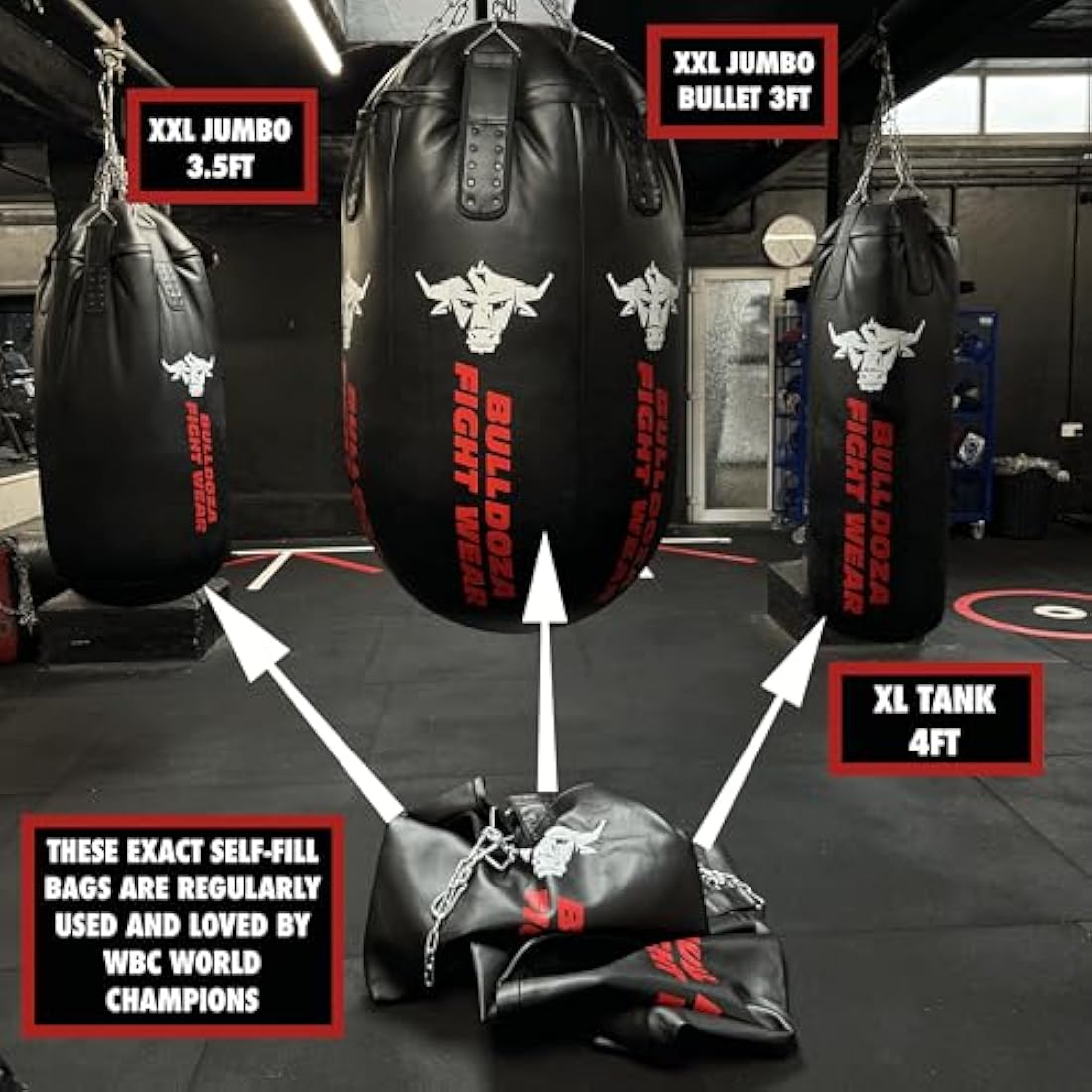 Jumbo Huge XXL Bull Doza Fight Wear Heavy-Duty Self-Fill Punching Bag - Punch Bag with Hanging Chains, Swivel, Carabiners - Boxing Bag for MMA, Kickboxing, Muay Thai, Martial Arts