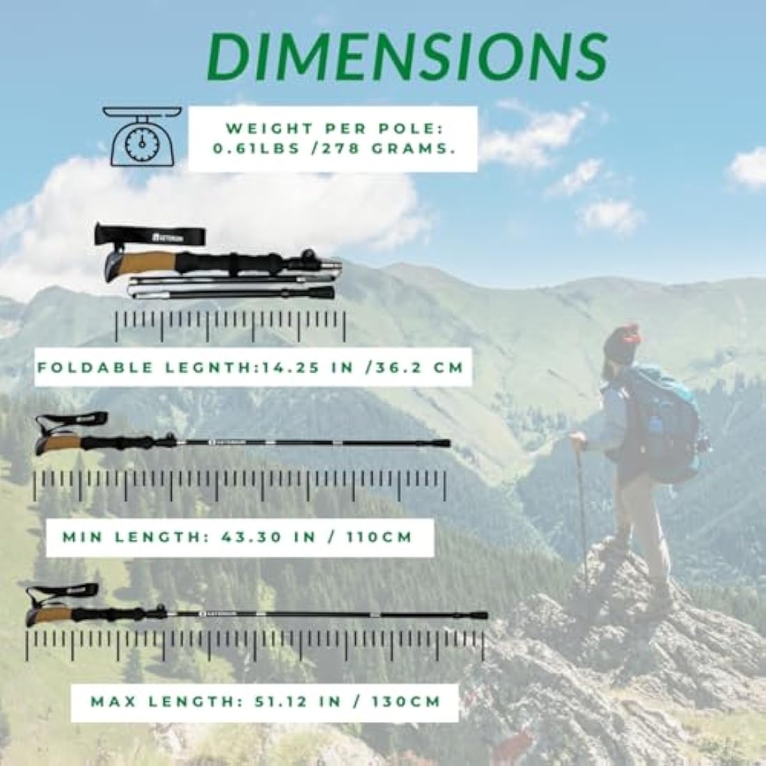 GETORIUM Trekking Poles - Lightweight, Folding Hiking Poles for Backpacking Gear, Nordic Ultralight Walking Sticks, 2 Poles, Aluminum 7075, 110-130cm, Cork Grip