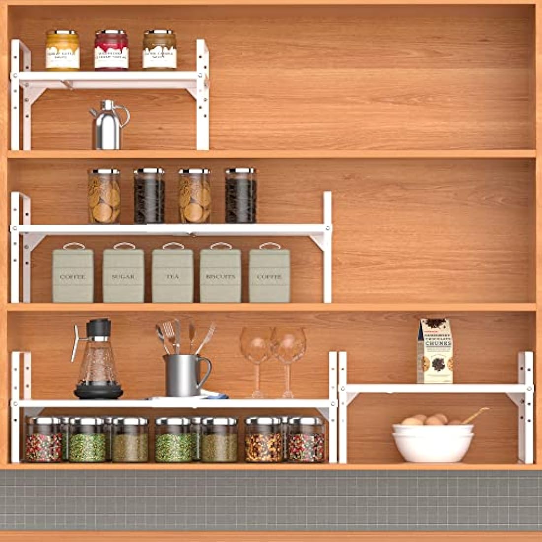 ARCCI Expandable Kitchen Cabinet Shelf Organizers, Stackable Metal Pantry Storage Shelves Rack, Adjustable Counter Spice Shelf for Cabinets, Countertop, Cupboard Organizers and Storage, White