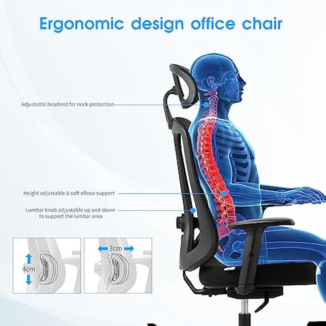 Magic Life Ergonomic Office Chair, Adjustable Home Desk Chair,Adjustable Lumbar Support with Thickened Cushion,3D Headrest & Comfortable Armrest Computer Chair