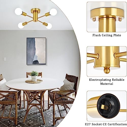 ASHUAQI Gold Sputnik Chandeliers - 4 Lights Semi Flush Ceiling Lights for Living Room, Bedroom, Kitchen, Lounge, Hallway