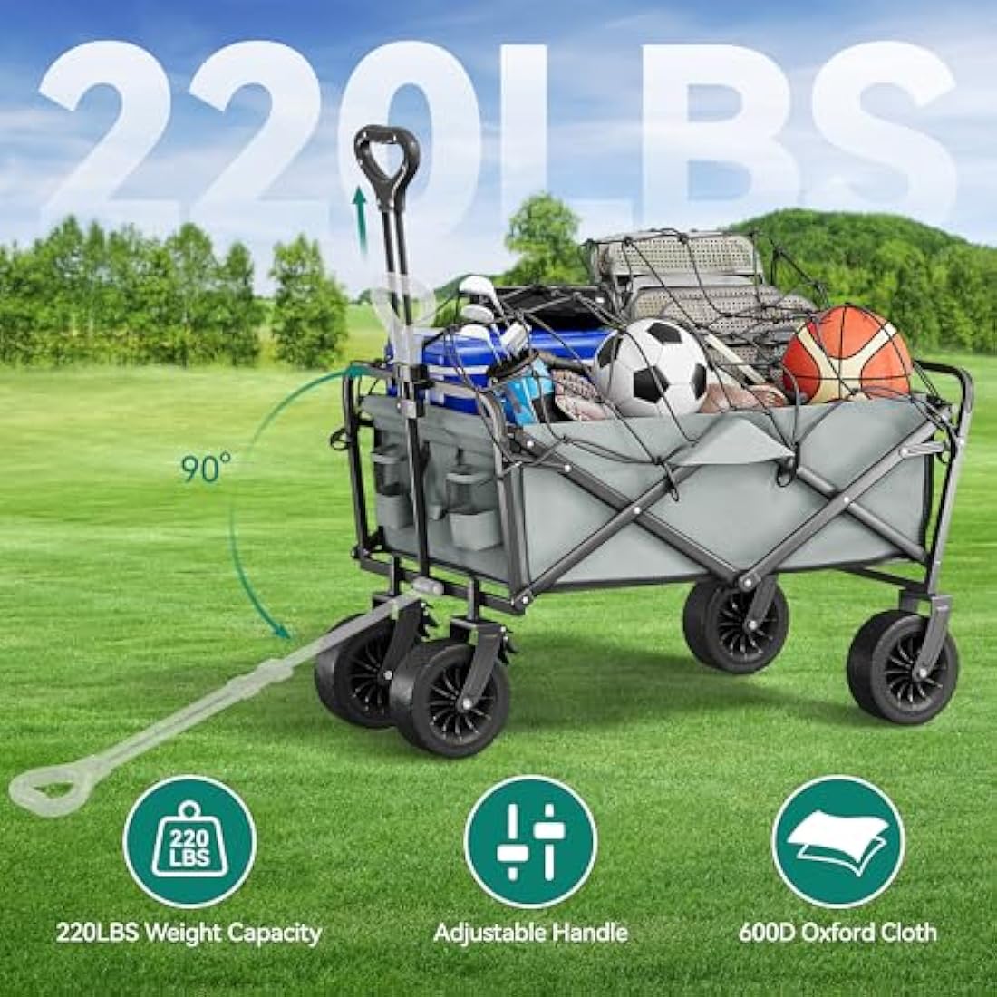 YITAHOME Beach Trolley with Big Universal Wheels, Folding Wagon with table 2 Drink Holders, Large Capacity 220 lbs Adjustable Handle Height, Festival Trolley for Outdoor Garden Picnics (Gray)