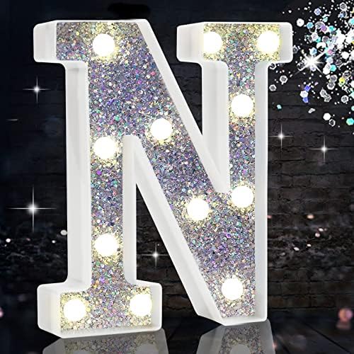 LED Marquee Letter Lights, Light Up Silver Letters for Bedroom Glitter Gifts for Teenage Girls Alphabet Letter Sign Battery Powered Night Light Birthday Party Wedding Home Decoration, Silver Letter N