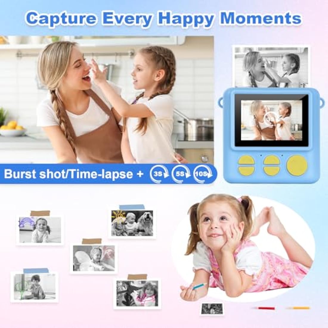 NICEWIN Kids Instant Camera for Girls and Boys, 1080P HD Digital Print Camera with Photo Paper, Fun Birthday Gift Toy for Children (Blue)