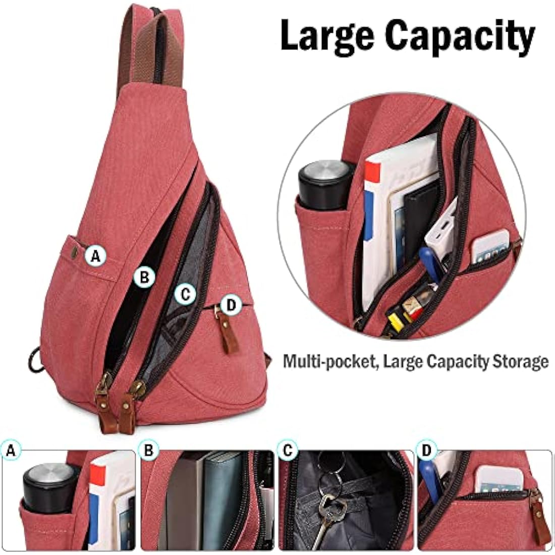 VARLIVOO Men's Sling Bag Chest Bag Women Shoulder Bags Crossbody Bag Travel Hiking Mountaineering Camping Cycling School Canvas Daypack Sling Backpack Rose Red