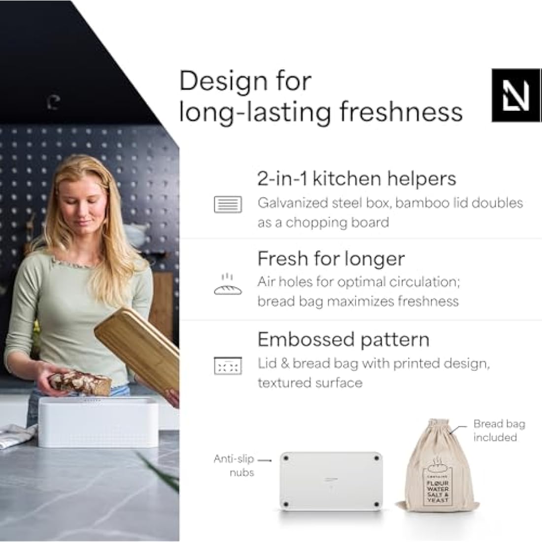 LARS NYSØM Bread Bin I Metal bread box with linen bread bag for long lasting freshness I Bread bin with bamboo lid usable as cutting board I 13.4x7.3x5.3 In (Pure White)