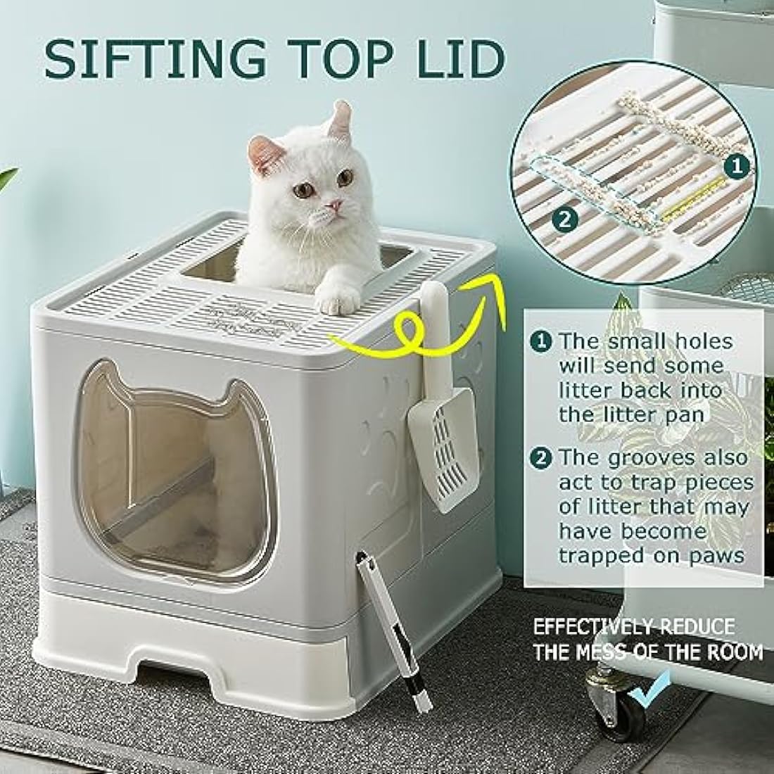 Pawsayes Cat Litter Tray Litter box with Lid for Medium and Small Cats, Foldable Top Entry Kitten Litter Box with Drawer Pan and Scoop