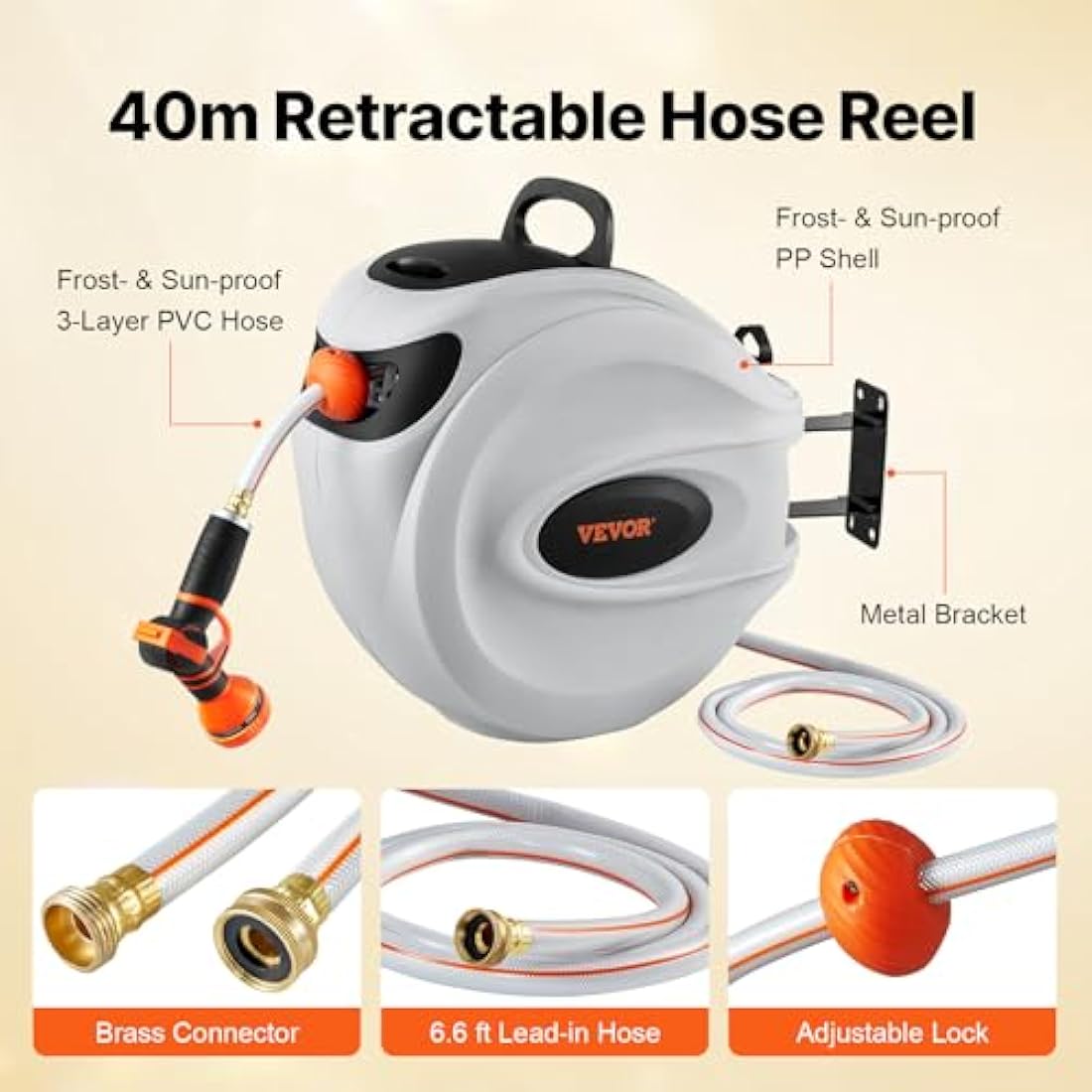 VEVOR Retractable Garden Hose Reel, 1/2" x 131.23 ft Wall Mounted Hose Reel, Heavy Duty Garden with 9 Patterns Nozzle, Any Length Lock, Auto-Rewind Slow Return System and 180°Swivel Bracket
