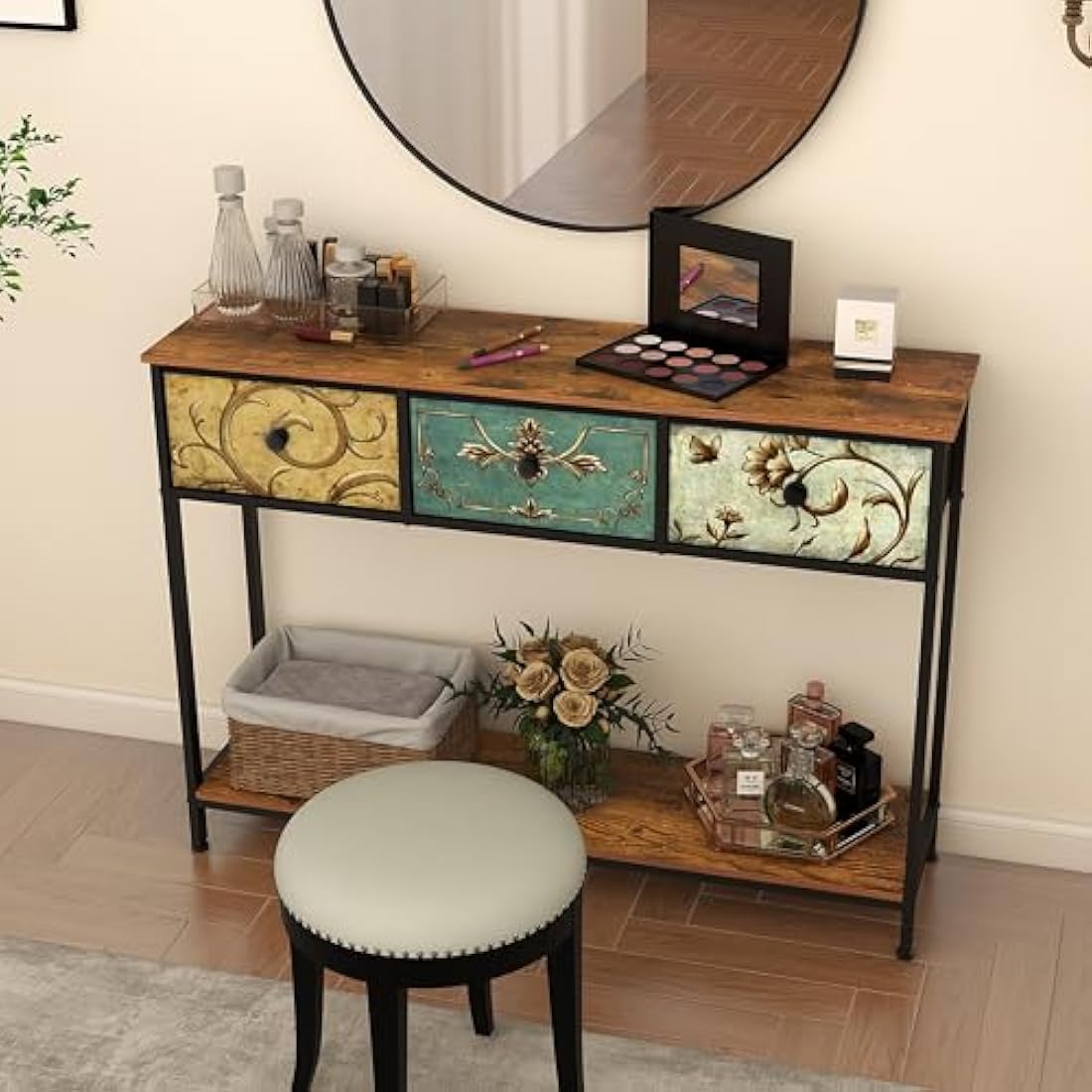 VEDECASA Console Table for Hallway Slim Console Table with 3 Drawers for Entryway with Storage Shelves for Small Spaces Living Room Metal Frame Wooden Top Easy Assembly Rustic Brown