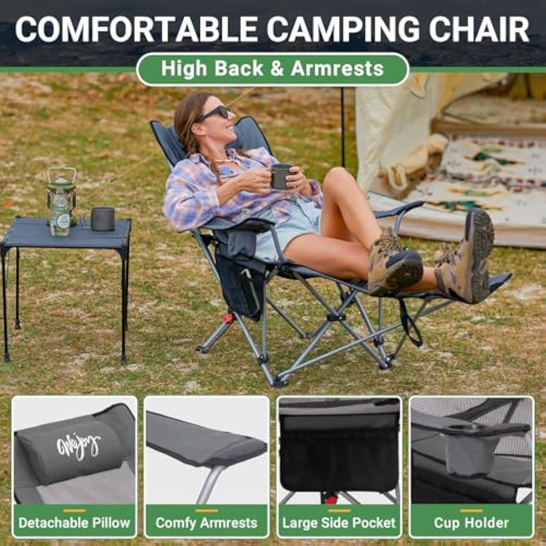 #WEJOY Camping Chairs Folding Recliner Chair Adjustable with Detachable Footrest Headrest Cup Holder Lightweight Portable Reclining Camp Chair Fold Up Chair for Outdoor Beach Garden,Grey black