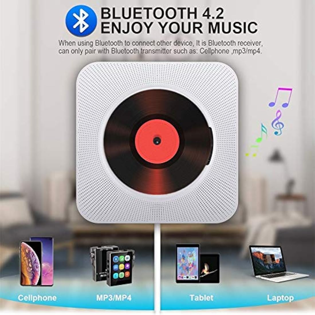 Adirigo Desktop Portable CD Player with Bluetooth - Multifuctional Wall Mounted Music CD Player Built in HiFi Speakers Home Audio Boombox with Remote Control Input Output with Pulling Switch（White）