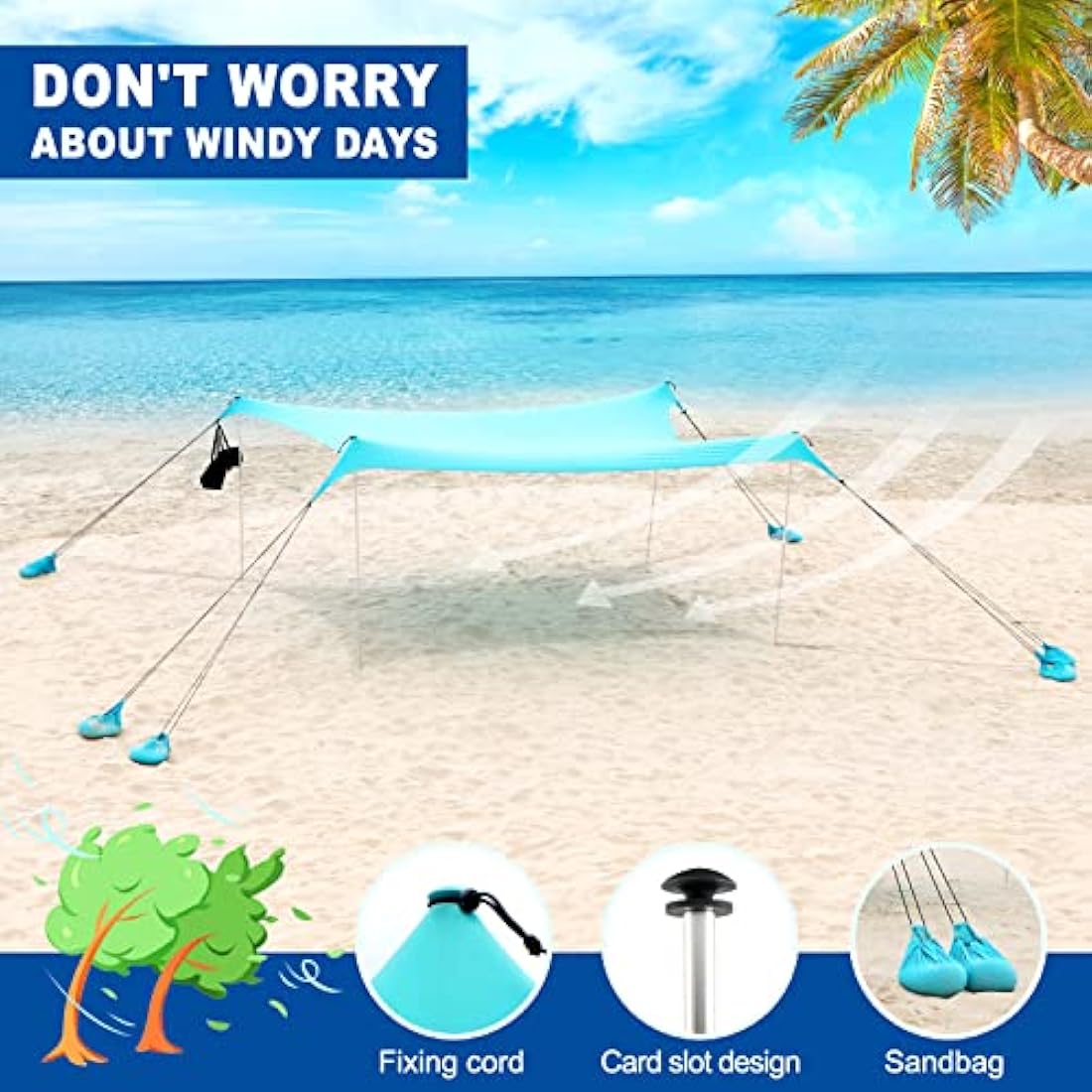 Beach Tent For UV Protection UPF50+, Portable Beach Awning Family Sun Protection With 4 Poles 3mx3m, Sun Tent for Beach Camping Garden Terrace Balcony