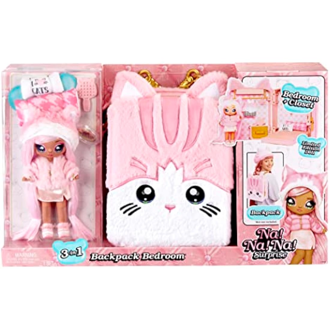Na Na Na Surprise 3-in-1 Backpack Bedroom Playset with Fashion Doll - REENA DE LA ROSA - Includes Fuzzy Pink Kitty Backpack with Cat Ears and Closet with Pillows & Blanket - For Kids, Ages 5+ Years