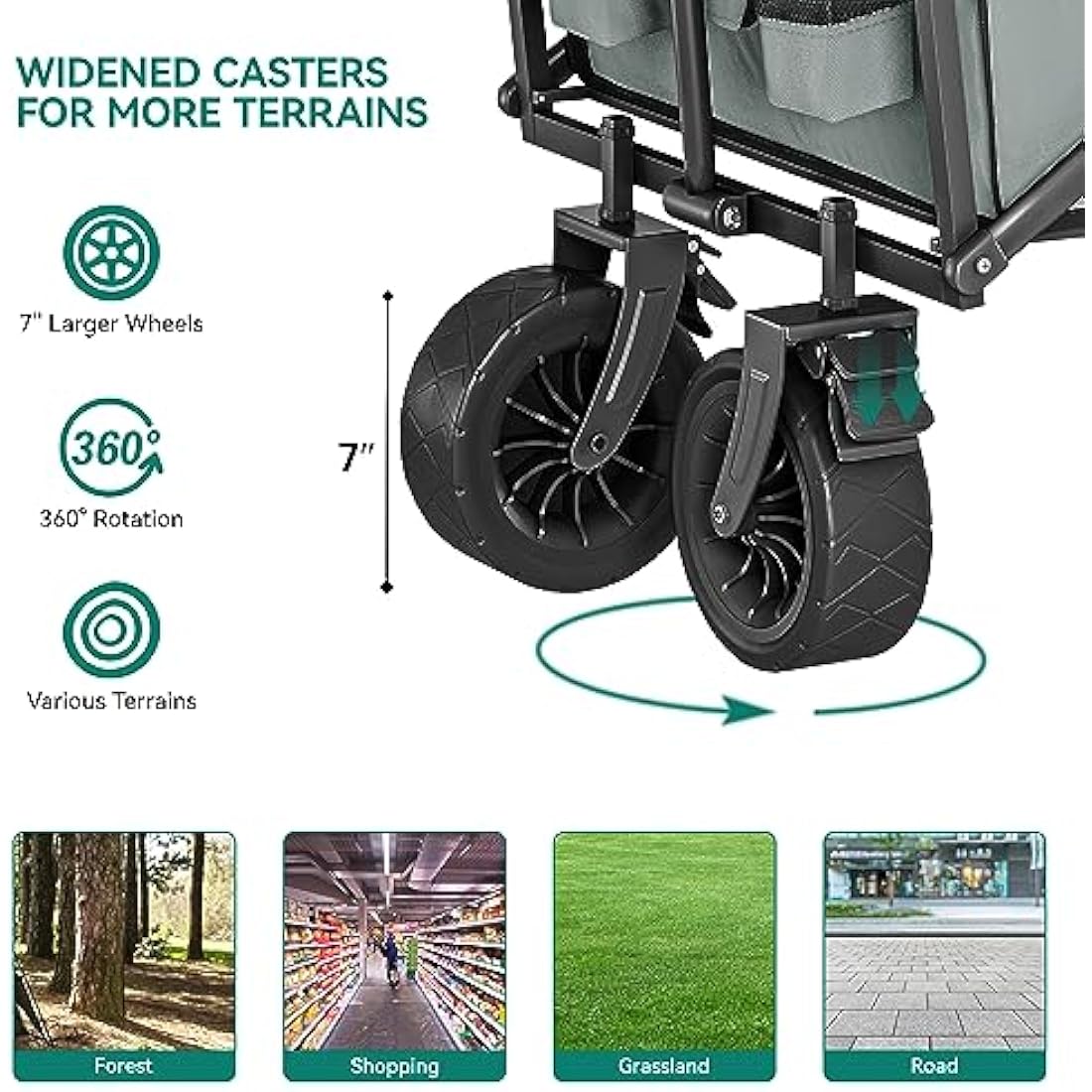 YITAHOME Beach Trolley with Big Universal Wheels, Folding Wagon with table 2 Drink Holders, Large Capacity 220 lbs Adjustable Handle Height, Festival Trolley for Outdoor Garden Picnics (Gray)