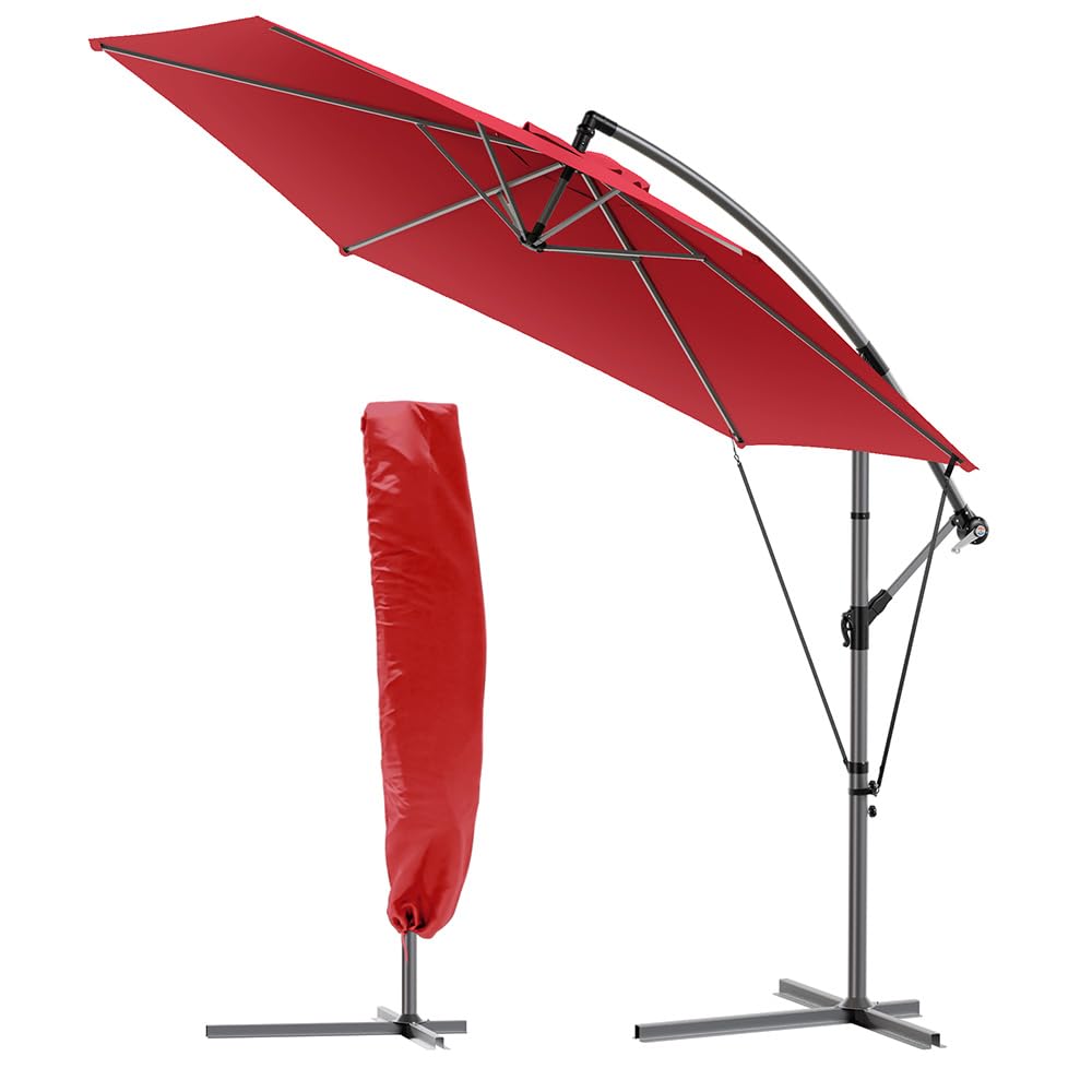 VOUNOT? 3m Cantilever Garden Parasol, Banana Patio Umbrella with Crank Handle, Wind Protection Strap and Tilt for Outdoor Sun Shade, Red