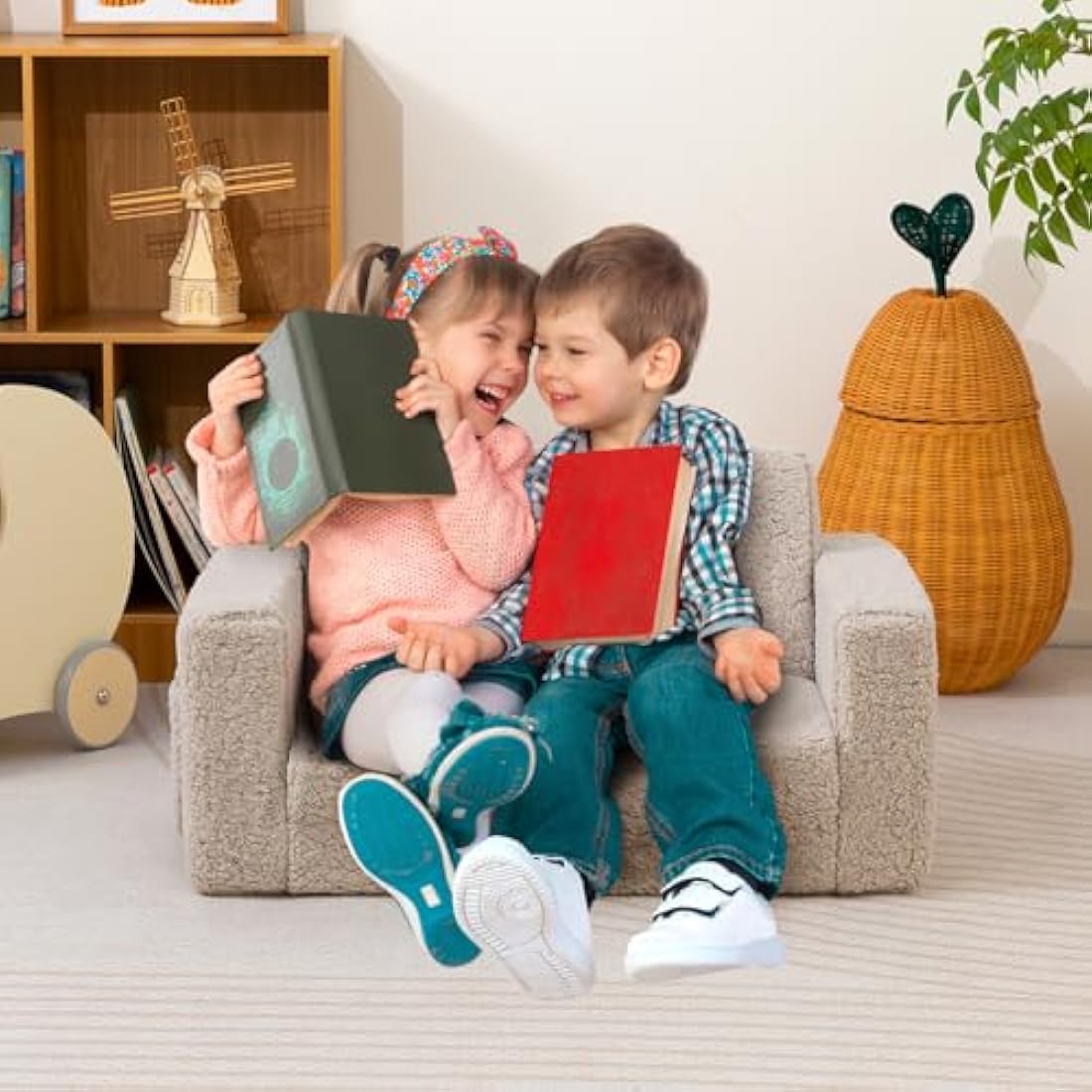 BEJOY Kids Sofa Bed, Extra Wide 2-in-1 Toddler Soft Sherpa Couch Fold Out, Convertible toddler bed to Lounger for Girls and Boys, Light Grey