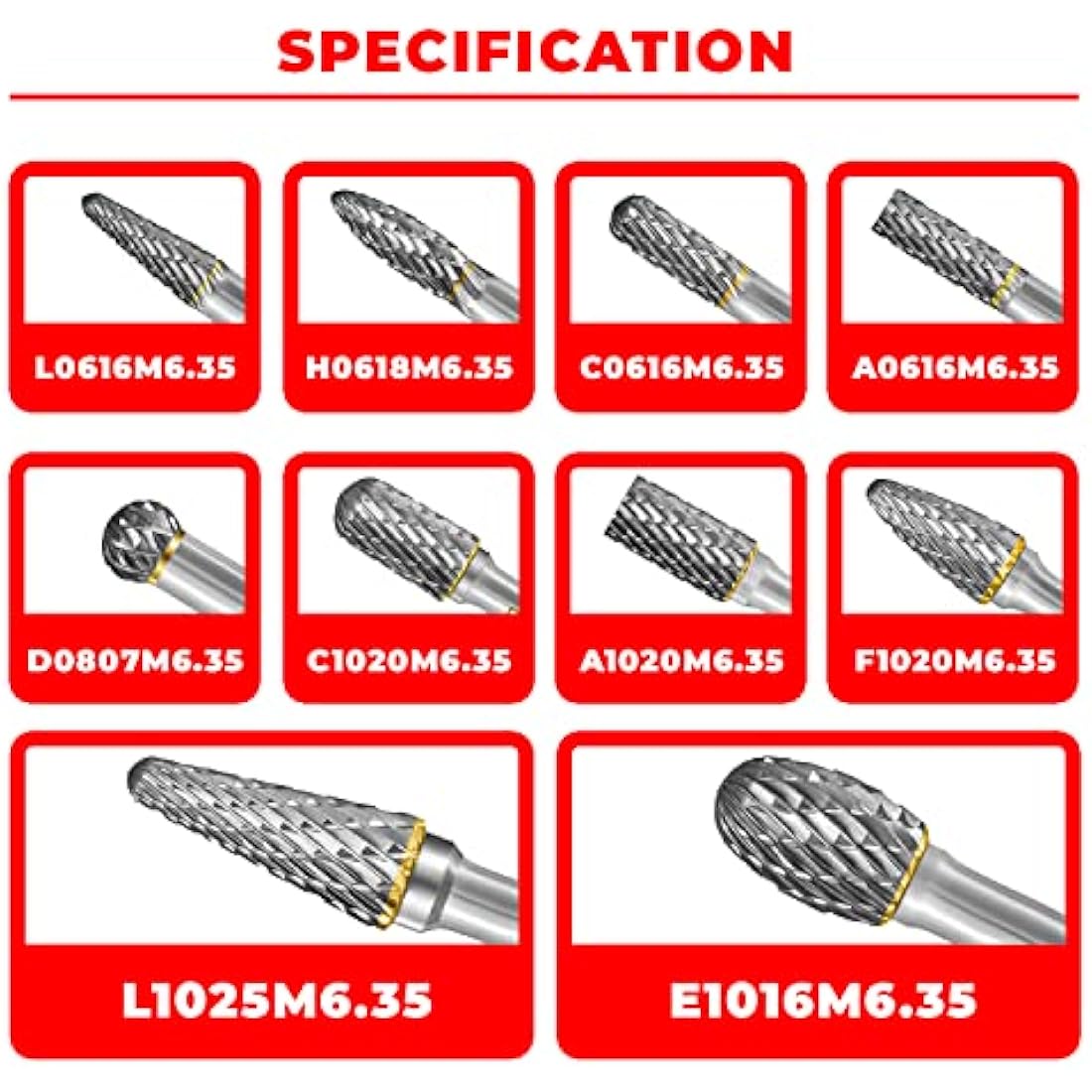 Tungsten Carbide Burr Set 1/4" Shank 10PC Double Cut Rotary Cutting Burrs Die Grinder Bits for Steel and Wood Working, Grinding, Carving, and Engraving