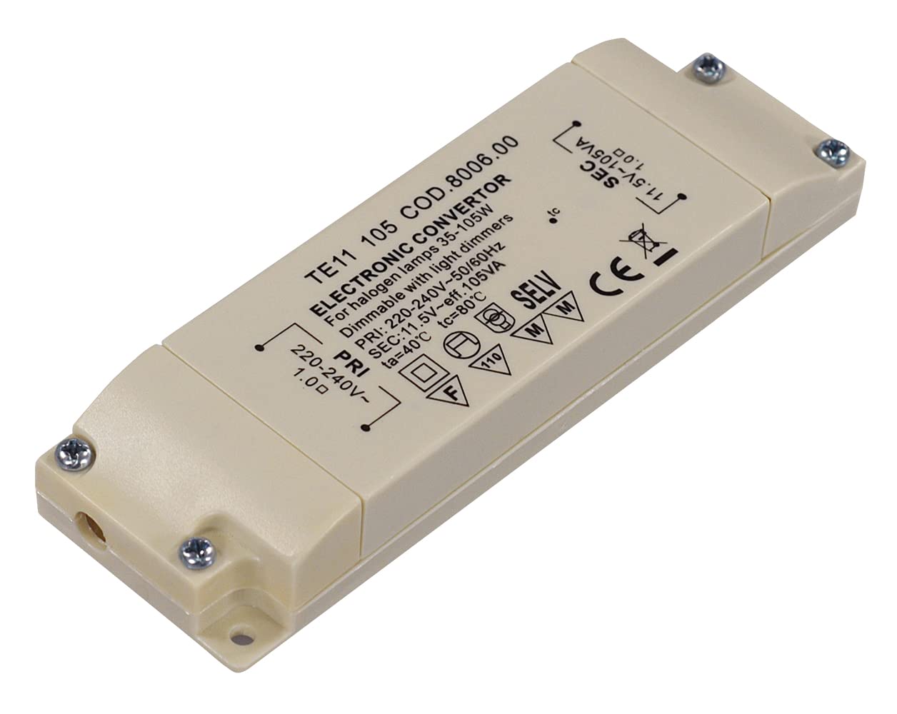 Transmedia Halogen transformer 230/12V/35-105W, overload protection, temperature fuse, not dimmable, 123 x 39 x 18 cm slim, LT2-2L