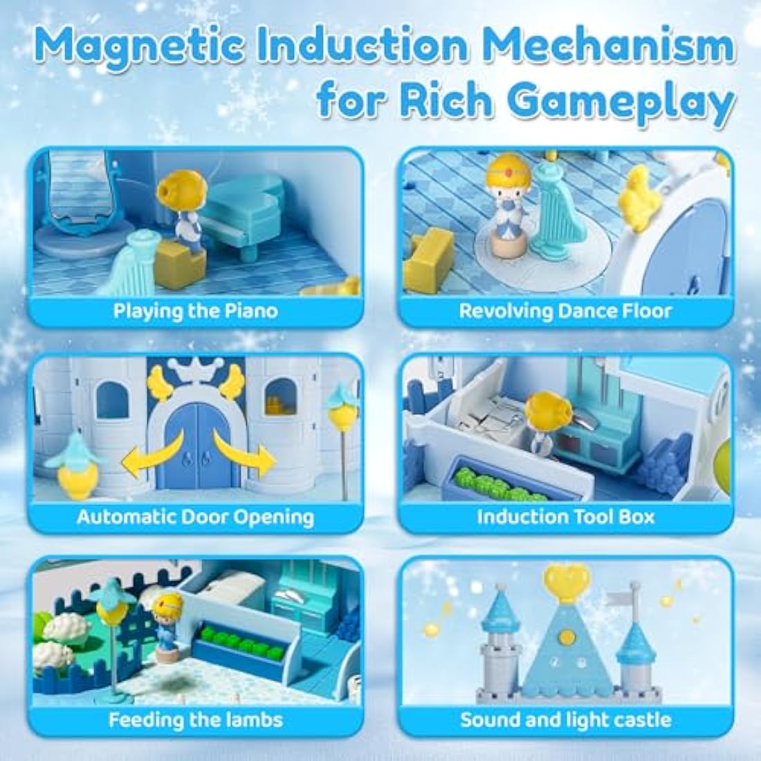 fygurso Dream Princess Castle Playset with 2 Magnetic Control Movable Little People Toys, Magnetic Doll House Building Toys with Light & Music for Pretend Play, Gift for Girls Toy Kids ages 6+