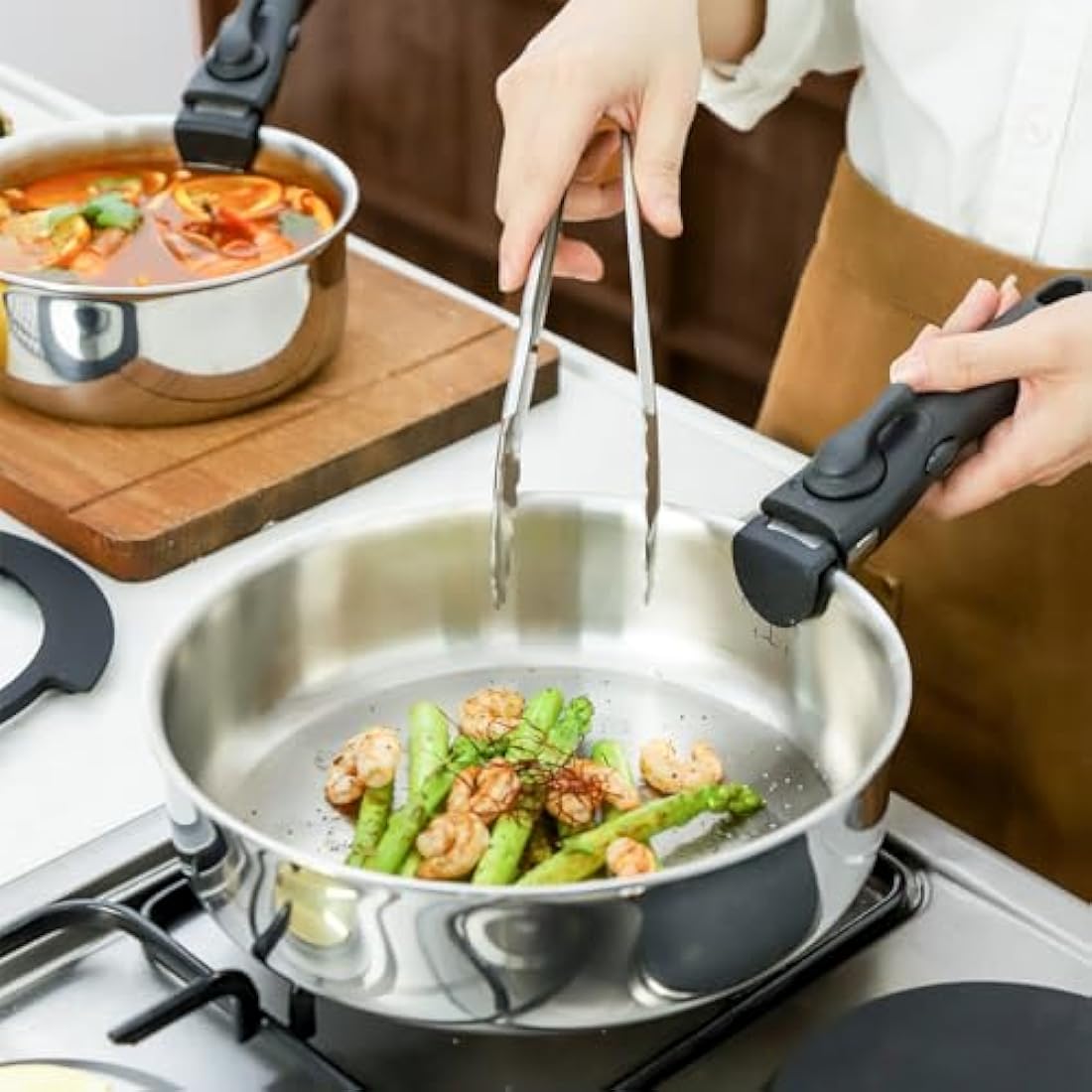 ROYDX Uncoated 18/10 Stainless Steel Cookware Set, Large Frying Pan Set with Steamer and Saute Pan, Stay-Cool Detachable Handles and Glass Lid, LFGB Approved Pots and Pans Set, Serve 4-6 People
