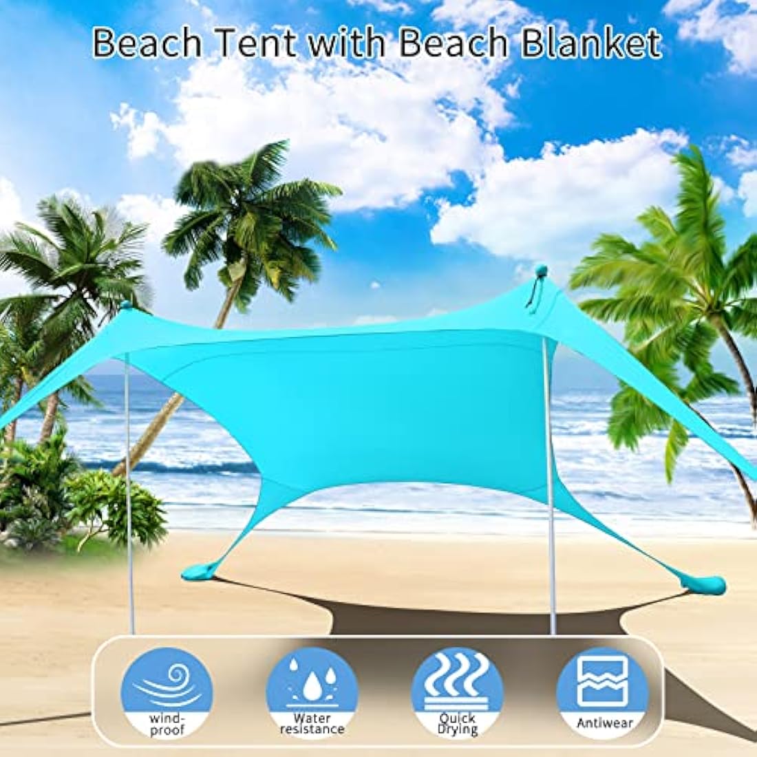 CUUPO 7×7 FT Beach Tent Sun Shelter UPF50+ UV Protection, Outdoor Small Canopy Tent Sun Shade with 2 Poles for Camping, Beach, Fishing, Backyard and Picnics Blue