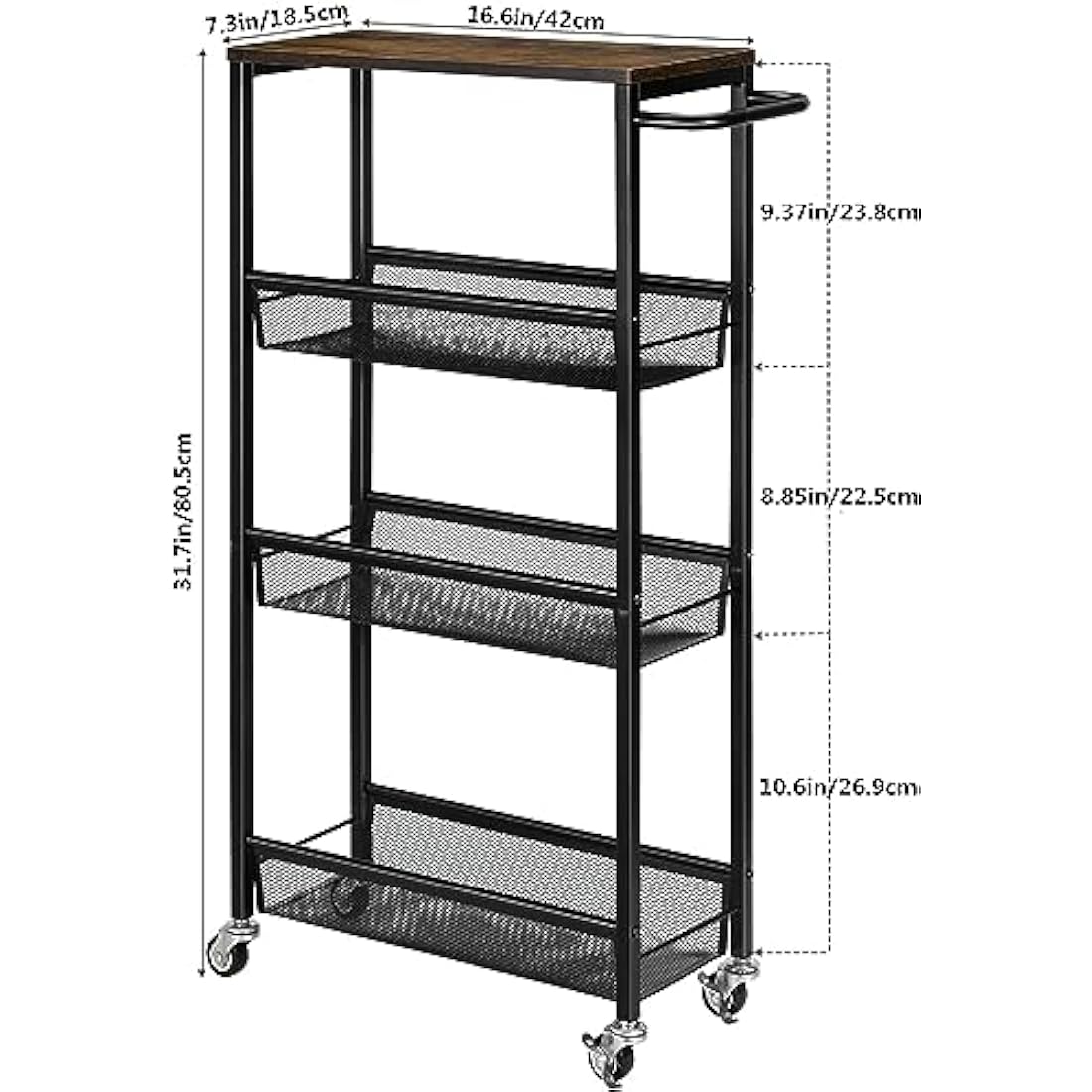LIANTRAL Slim Storage Cart, Kitchen Storage Trolley, 4 Tier Rolling Kitchen Shelving Unit on Wheels Mobile Narrow Cart with Wooden Tabletop for Bathroom, Laundry Narrow Places, 42 x 18.5 x 80.5 cm