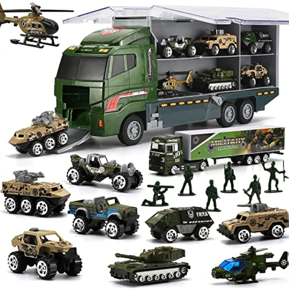 Military Carrier Truck (26 in 1) with Soldier Men playset, Mini Die-cast Battle Car in Transport Truck, Army Toy Double Side Vehicle for Kid Children Girl Boy Play Birthday Party Gift