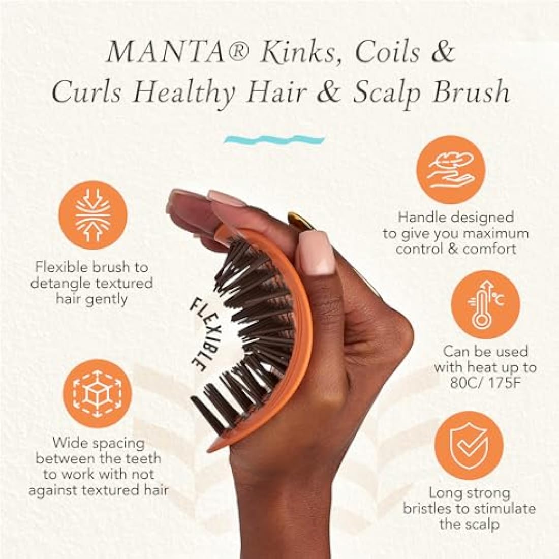Manta Curls Anti-Breakage Hairbrush – Curl Detangling Brush for Curly & Afro Hair, Gentle Wet & Dry Hairbrush for Women, Orange
