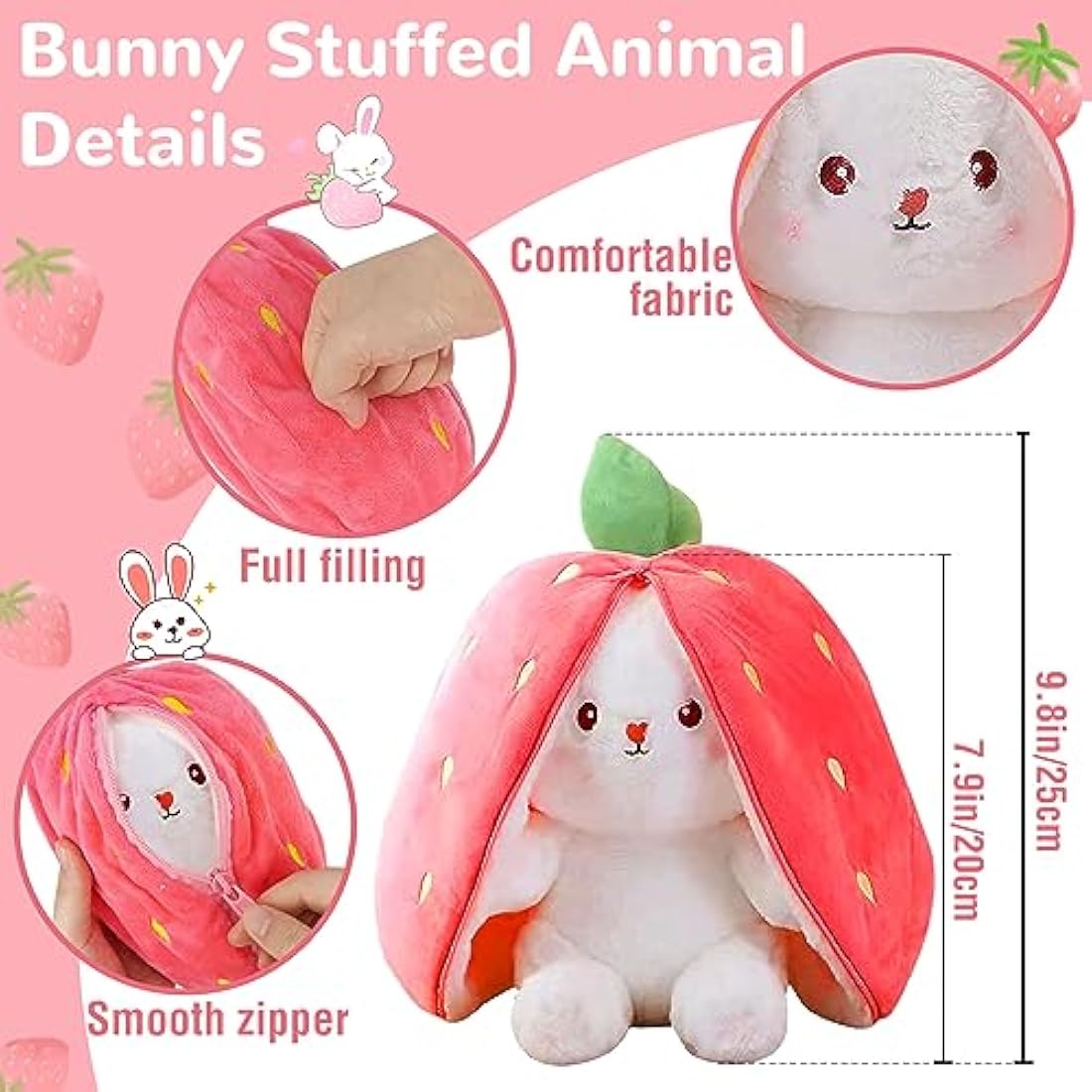 TOGETDREAM Easter Plush Bunny Toy, Soft Plush Toy 25cm Carrot Strawberry Plushies Doll, Cute Cuddly Stuffed Animals Hide And Seek Rabbit Muppet Toys Birthday Gifts for 12+ Years Old Kids (pink)
