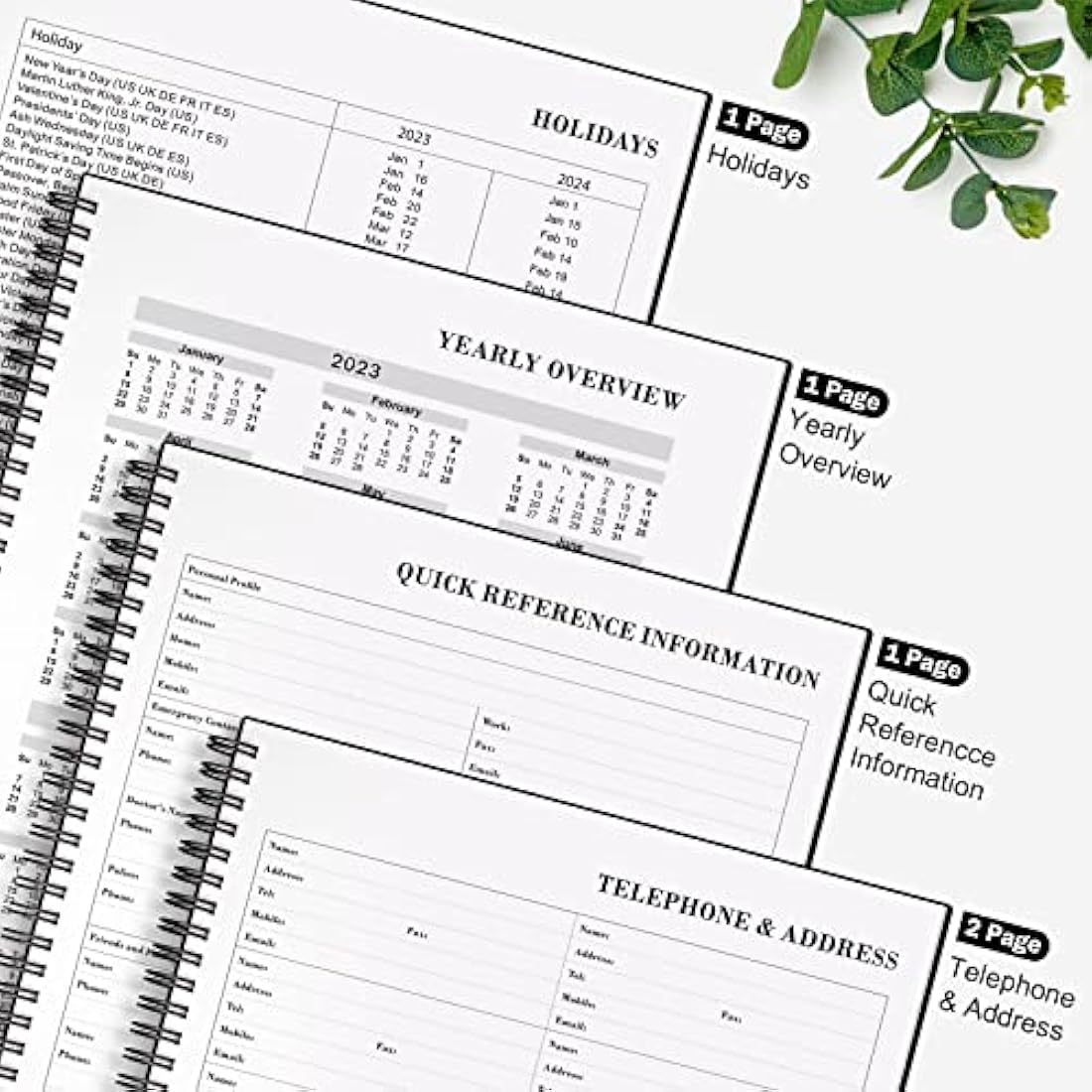 Planner Undated, Asten Daily Planner Agenda with To Do List, Hourly Schedules for Women and Men, Spiral Appointment Book with Elastic Closure, Inner Pocket 21.6 x 28cm (Black)